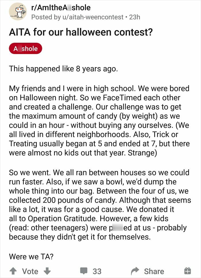 Reddit post about a Halloween challenge involving collecting candy, illustrating common Halloween fails in the spooky season.