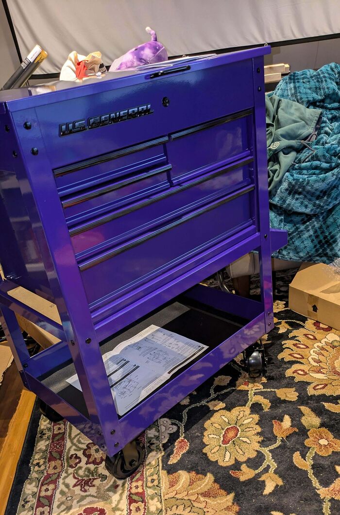 Purple rolling tool chest dumpster diving treasure with papers and clothes around on an ornate carpet indoors.