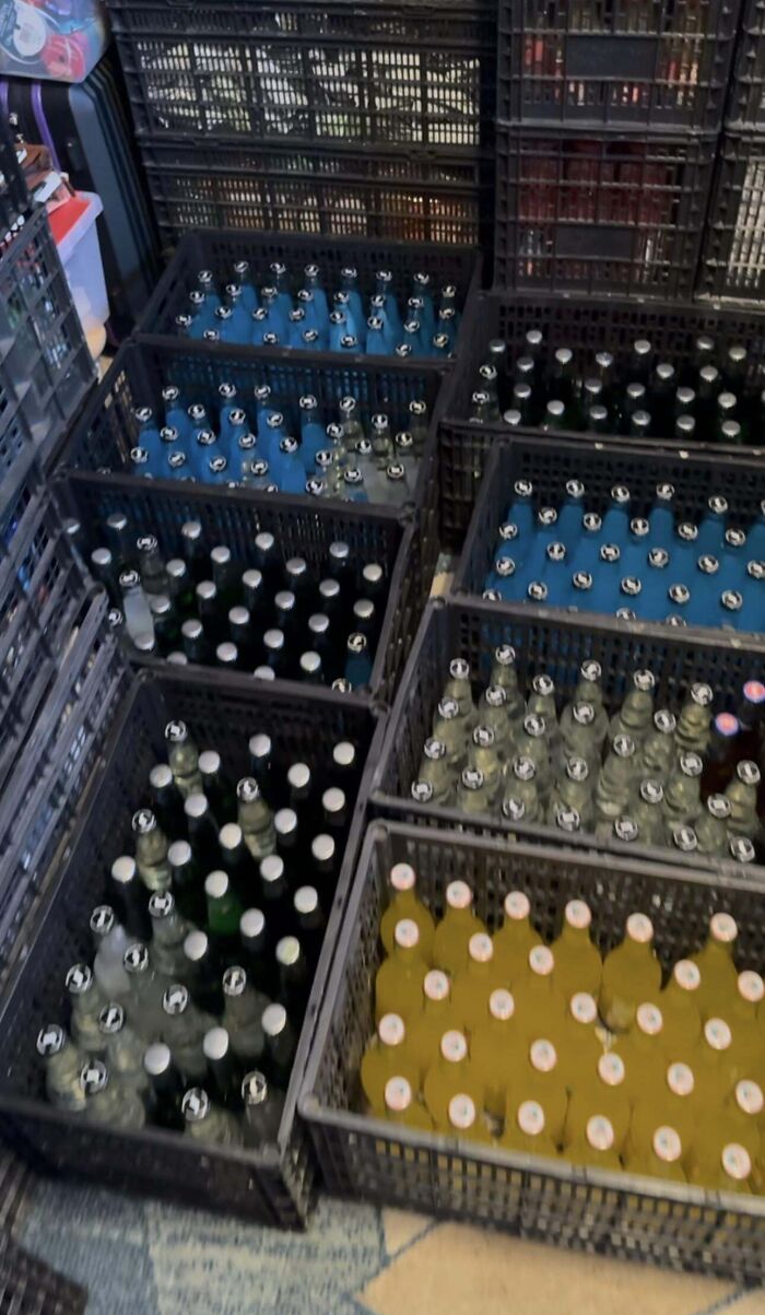 Crates filled with various glass bottles, a potential dumpster diving treasure your neighborhood raccoons would be wowed by.