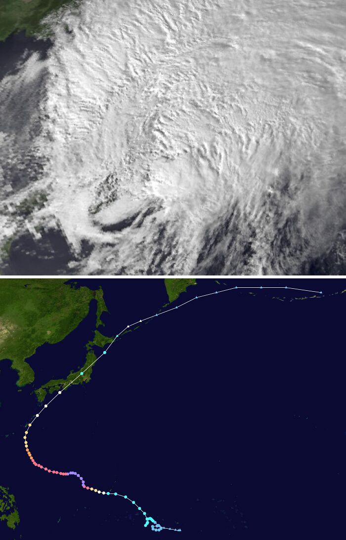 Satellite image of a massive storm system with a tracked path, illustrating incredible weather records on Earth.