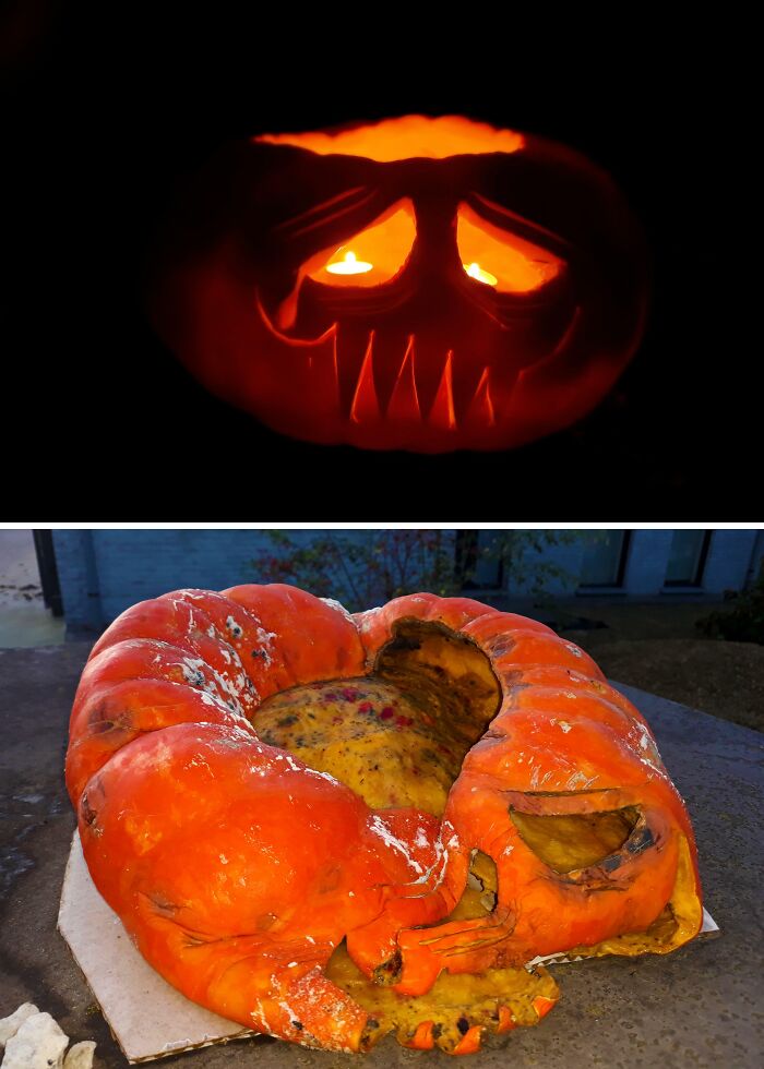 Glowing sad face pumpkin and a rotting, collapsed pumpkin showing common Halloween fails and decay.