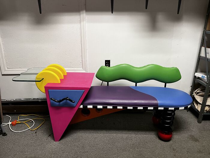 Colorful eclectic bench with unique shapes and bright colors representing thrift store jackpot finds by lucky shoppers.