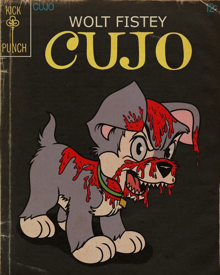 Classic cartoon dog turned into a creepy horror scene with blood and sharp teeth on a dark vintage comic cover.