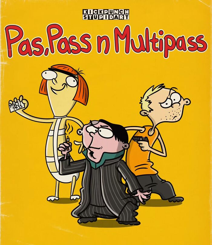 Cartoon characters transformed into creepy horror scenes with exaggerated features on a bright yellow background.