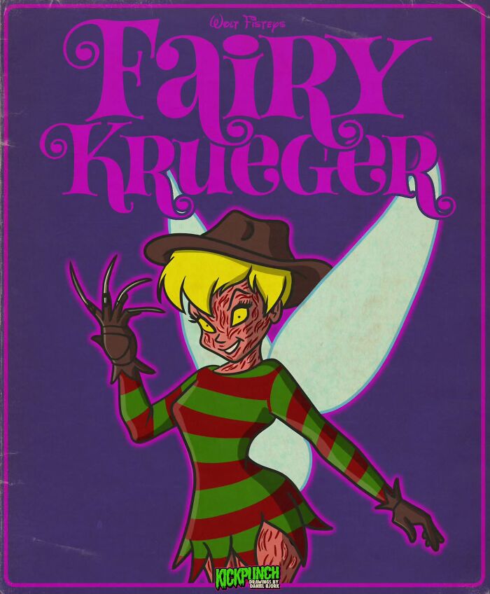 Creepy horror scene of a classic cartoon character blending Tinker Bell and Freddy Krueger with eerie glowing eyes and clawed glove.