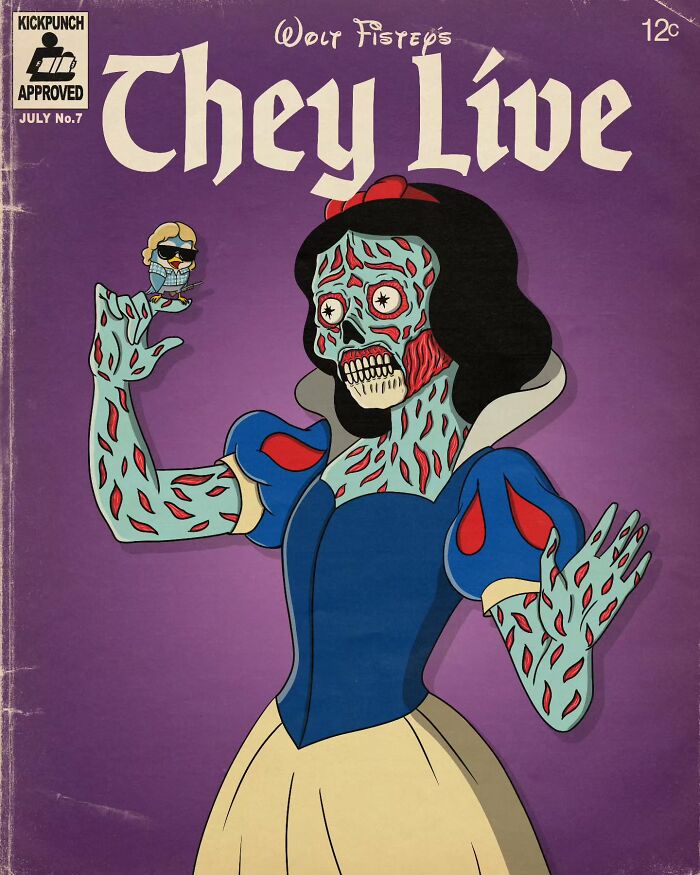 Snow White cartoon character transformed into a creepy horror scene with exposed muscles and skeleton features.
