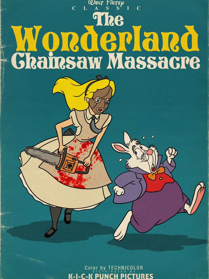 Alice holding a bloody chainsaw chasing a scared white rabbit in a creepy horror cartoon scene.