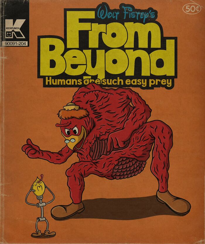 Creepy horror scene with a twisted classic cartoon character resembling a monstrous Duck wearing glasses and shoes.