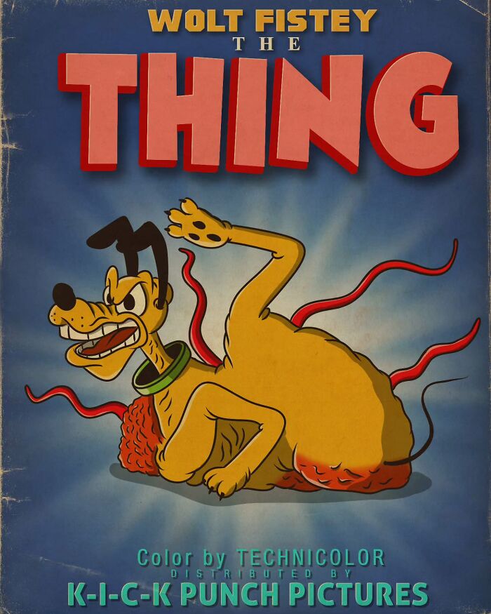 Creepy horror scene of a classic cartoon dog mutated with tentacles in a vintage movie poster style.