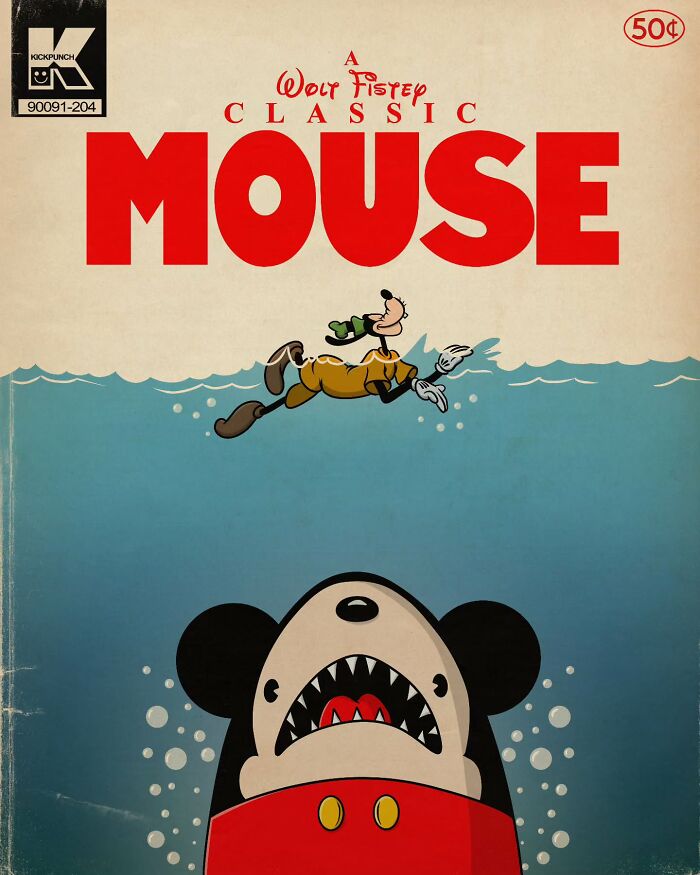 Classic cartoon mouse reimagined in a creepy horror scene with sharp teeth and a underwater terror theme.