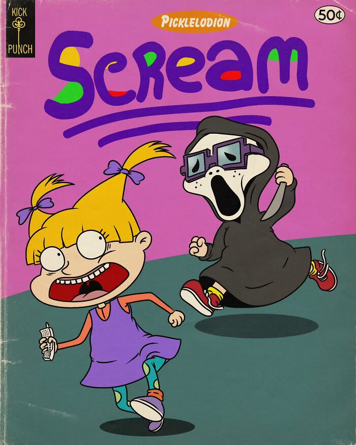 Cartoon characters in a creepy horror scene with distorted faces and exaggerated fear, showcasing classic cartoons turned dark.