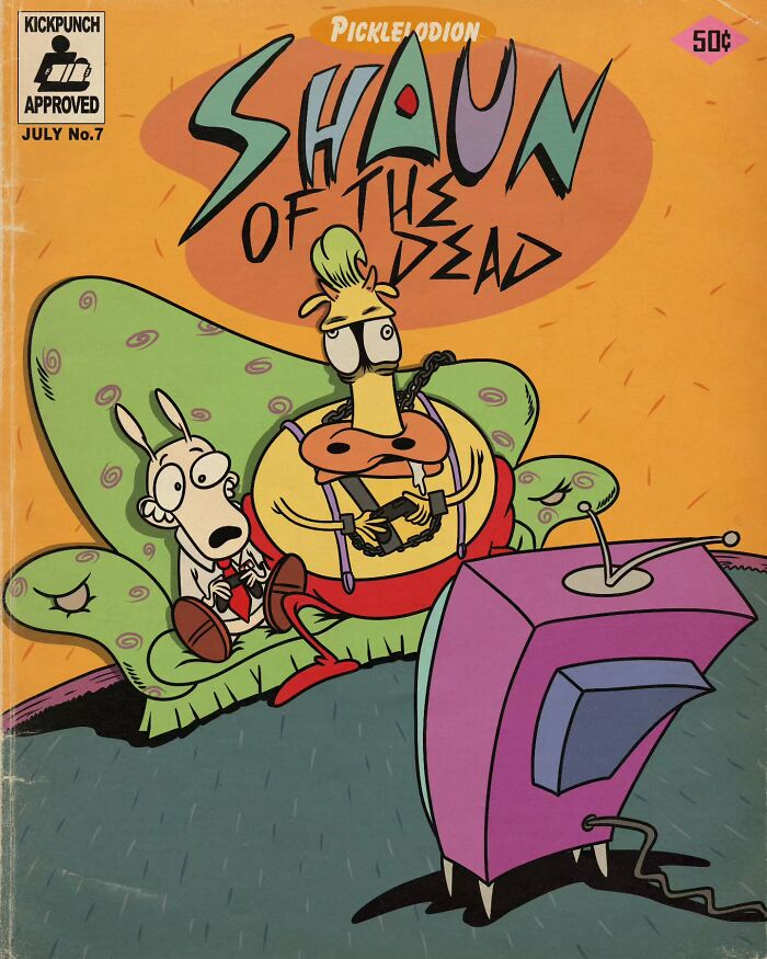 Creepy horror scene reimagining classic cartoons with distorted characters watching TV in a retro comic book cover style.