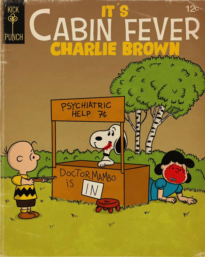 Classic cartoon characters transformed into creepy horror scenes with distorted faces and eerie settings in a vintage comic style.