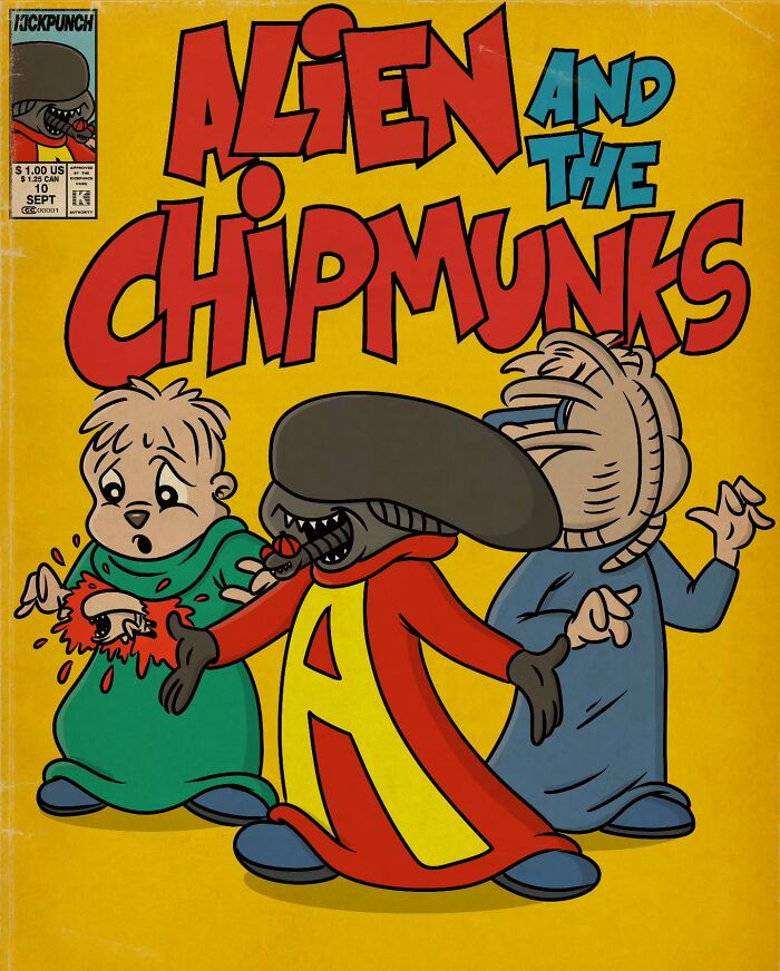 Classic cartoons transformed into creepy horror scenes showing Alien and the Chipmunks with a terrifying alien creature.