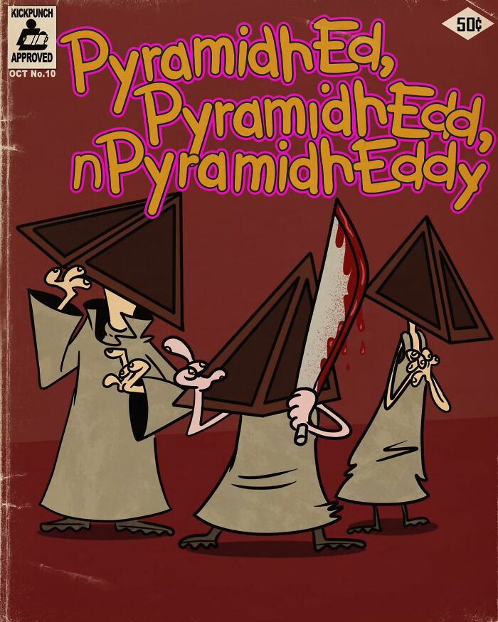 Creepy horror scene of classic cartoons with characters wearing pyramid-shaped helmets and holding a bloodied machete.