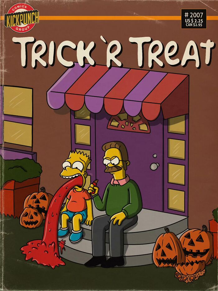 Classic cartoon characters reimagined into creepy horror scenes with Halloween pumpkins and unsettling imagery on a comic cover.