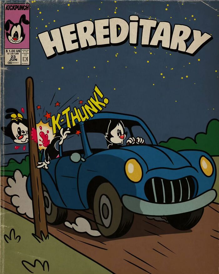 Classic cartoons transformed into creepy horror scenes with vintage comic style and dark, eerie imagery.