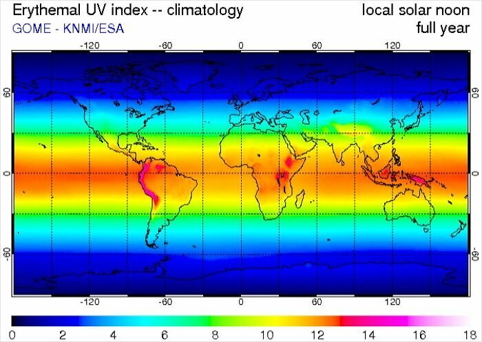 World map showing erythemal UV index highlighting powerful weather patterns and extreme solar radiation zones globally.