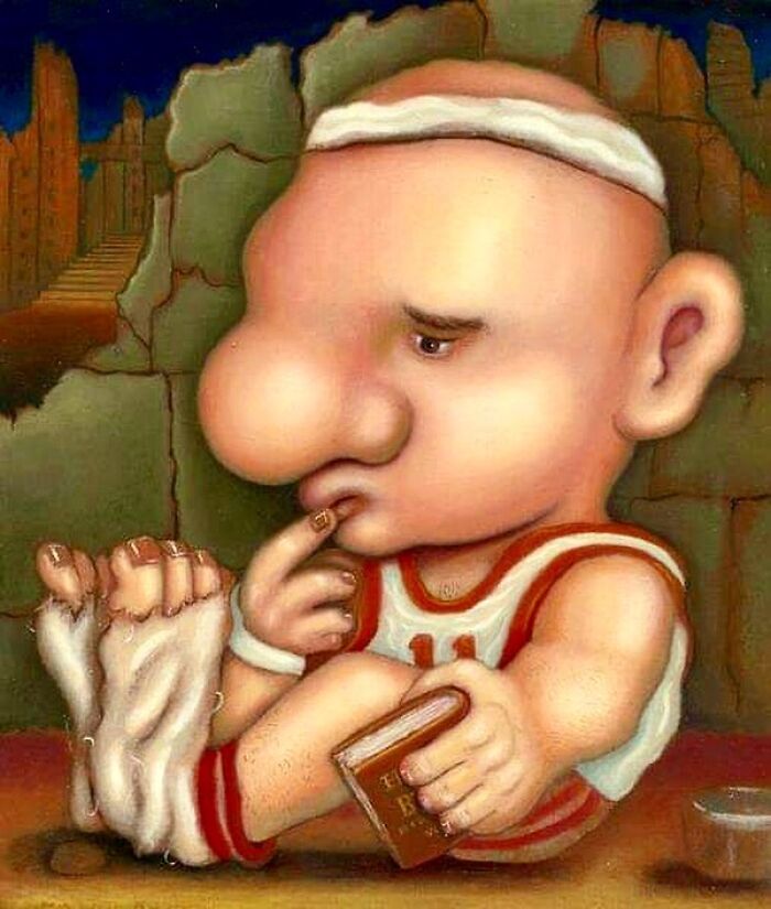 Exaggerated portrait of a pensive cartoonish character wearing a headband and sports jersey, holding a book and biting a finger.