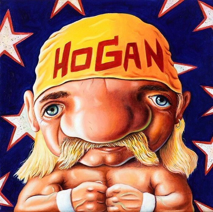 Caricature portrait of wrestler with exaggerated features by artist known for absurd and endearing portraits.