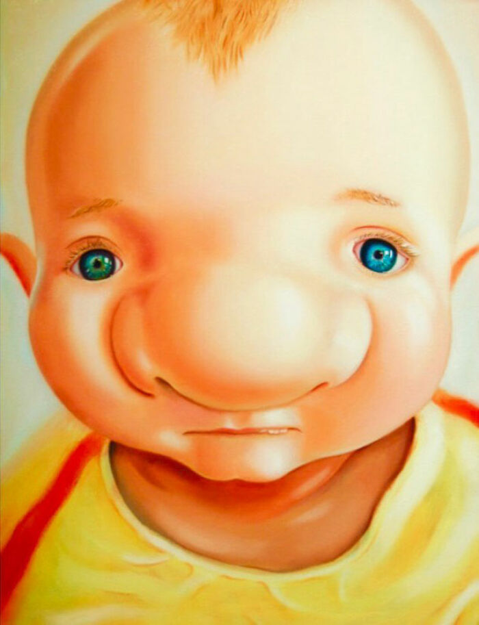 Exaggerated portrait of a baby with large features showcasing an absurd and endearing artistic style.