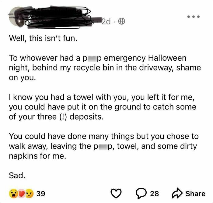 Social media post describing a Halloween fail involving an unsanitary mess left in a driveway.