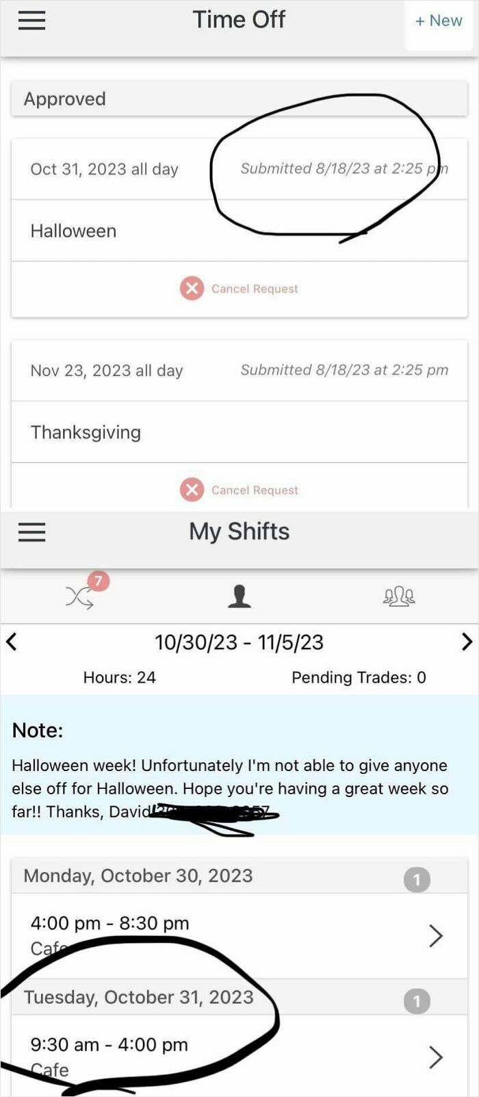 Work schedule showing approved time off denied for Halloween, highlighting common Halloween fails on the spookiest day.