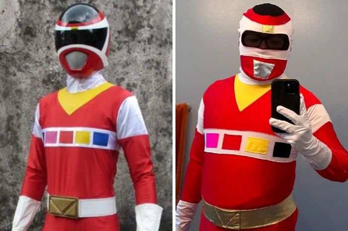 Side-by-side comparison of a Halloween fail with one accurate and one homemade red costume with color blocks.