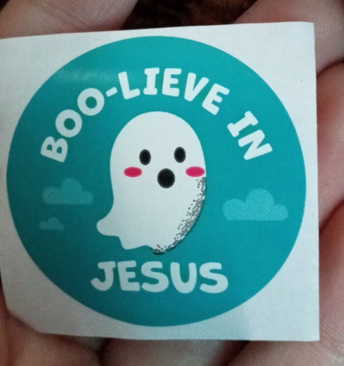 Sticker showing a white ghost with rosy cheeks and text, a funny Halloween fail that puts a damper on the spooky day.