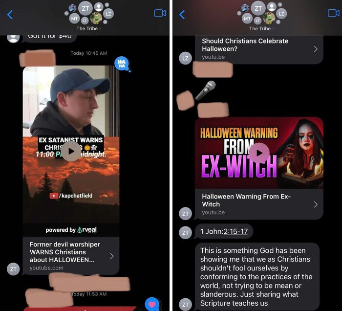 Group chat screenshot showing shared videos and messages about Halloween warnings and Christian views on the holiday.