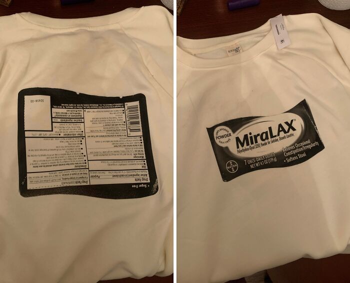 White shirt featuring a Miralax laxative label printed backwards and in the wrong position as a Halloween fails costume.