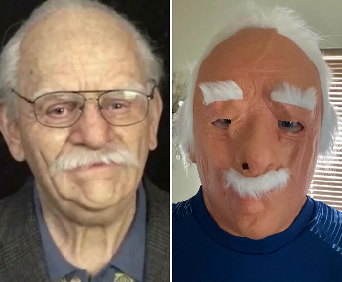 Side-by-side images of an elderly man and a poorly made Halloween mask, illustrating Halloween fails humor.
