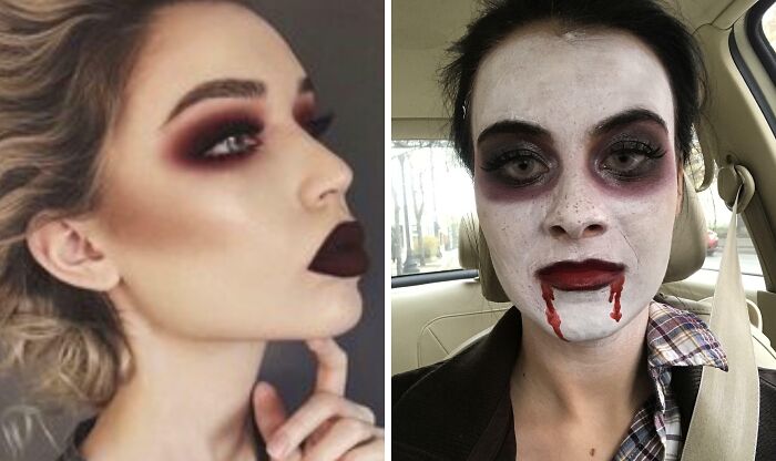 Side-by-side comparison of perfect Halloween makeup and a Halloween fail with smeared face paint and fake blood.