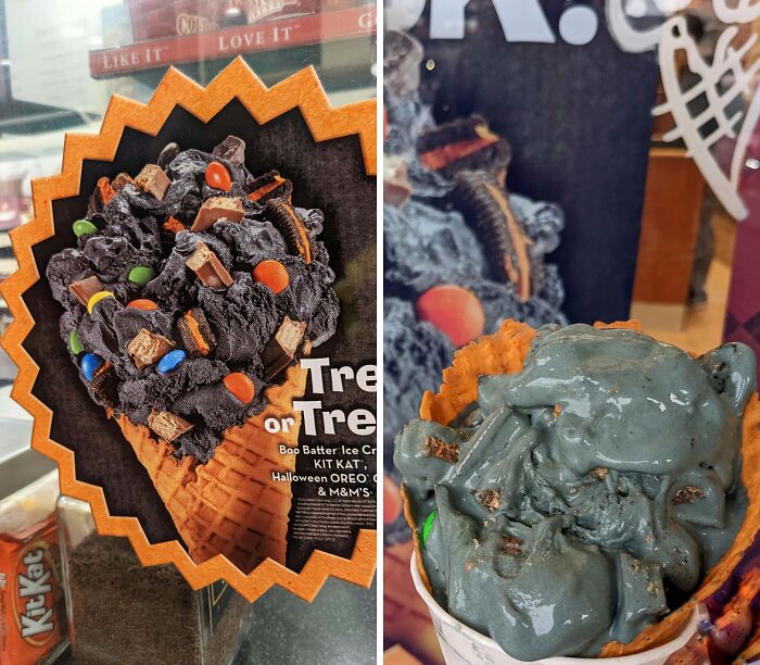 Halloween fails showing a melted black ice cream cone with candy, highlighting spooky treats gone wrong.