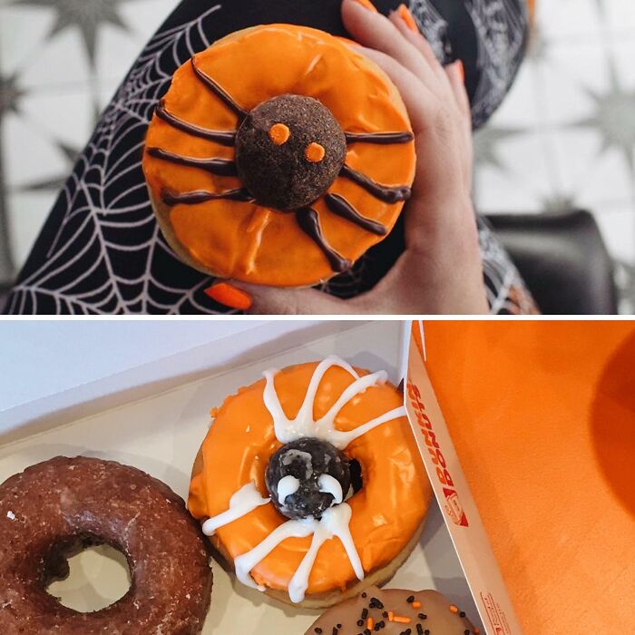 Two Halloween-themed donuts with spider designs, showing Halloween fails in creative spooky treats.