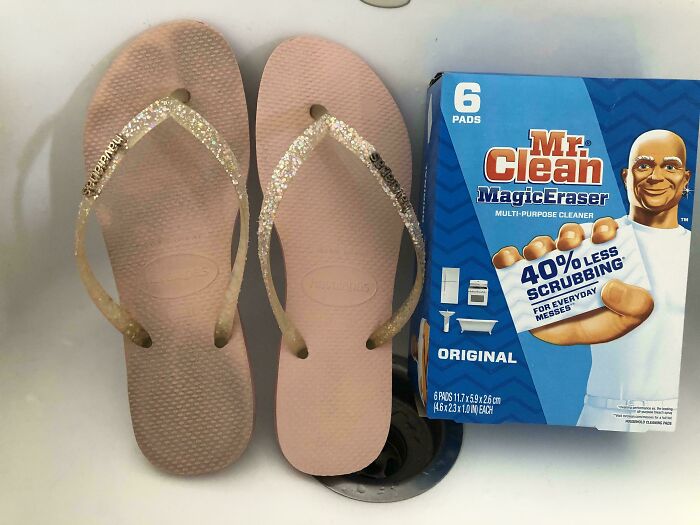 Before and after cleaning photo showing stained flip flop cleaned using Mr Clean Magic Eraser pads for satisfying results