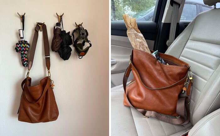 Brown leather bag hanging with umbrellas and the same bag filled with groceries on a car seat thrift store jackpot find