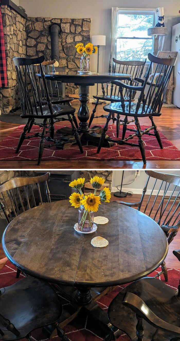 Vintage wooden dining table and chairs with sunflowers on a red rug, a perfect thrift store jackpot find for lucky shoppers.