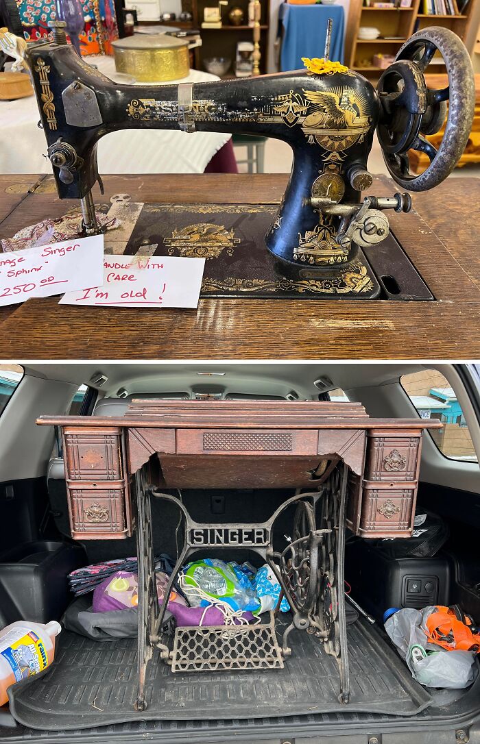 Vintage Singer sewing machine and antique sewing cabinet found by lucky shoppers at thrift stores hitting the jackpot.