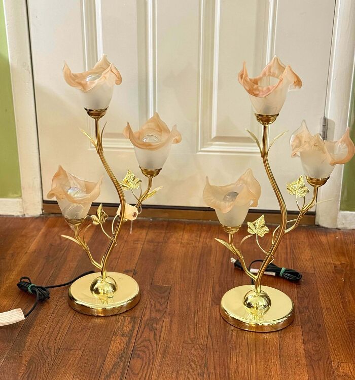 Pair of vintage gold floral lamps with delicate frosted glass shades on hardwood floor, thrift store jackpot find