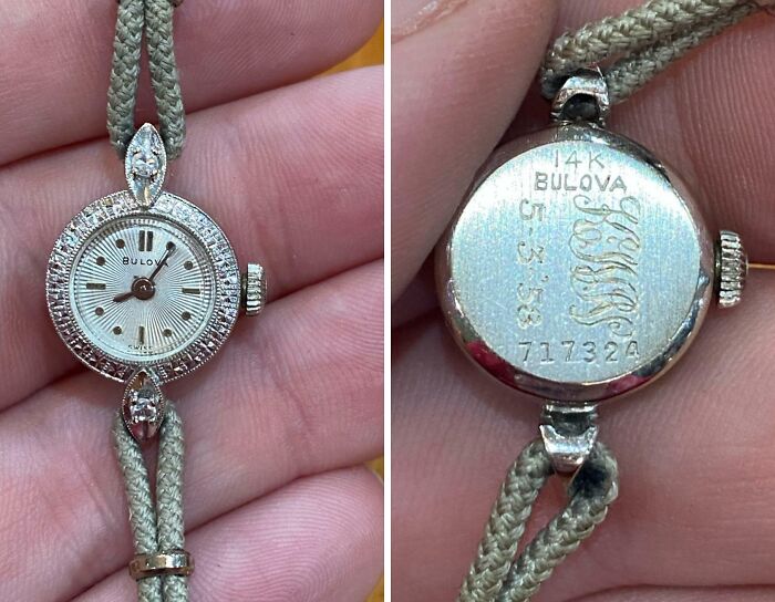 Vintage Bulova wristwatch with 14K gold detailing held in hand, showcasing a thrift store jackpot find.