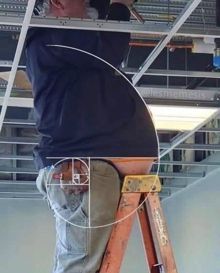 Man standing on a ladder with a construction worker's belly forming a humorous spiral shape, making people chuckle.