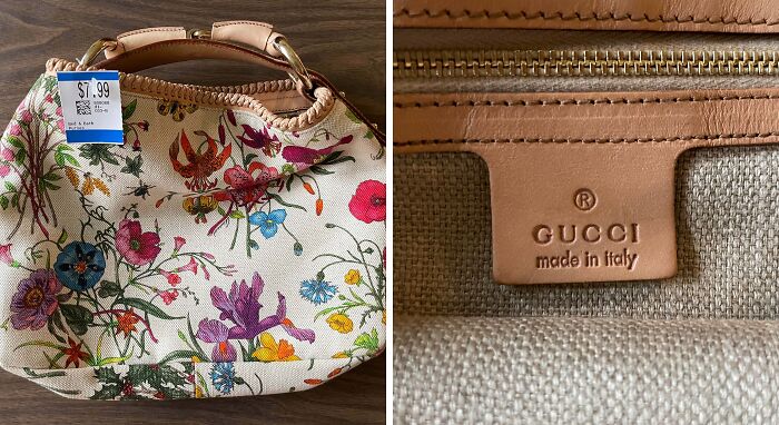 Floral Gucci handbag made in Italy with a thrift store price tag showing a lucky shopper’s jackpot find.