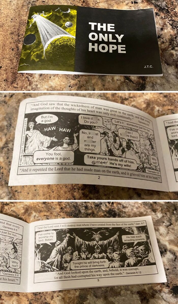 Comic-style book with dark themes on a table, depicting Halloween fails and spooky imagery in black and white panels.