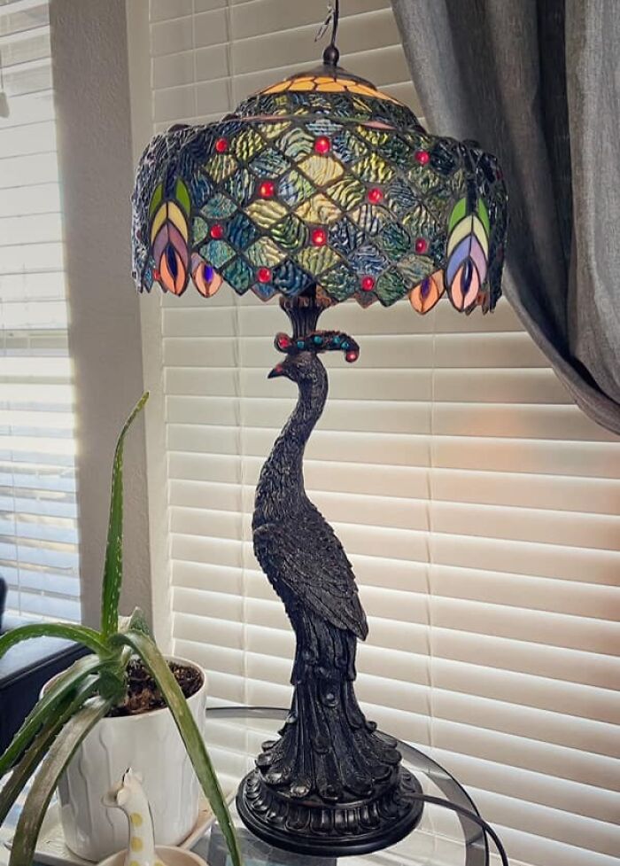 Peacock lamp with stained glass shade next to a potted plant, a unique thrift store jackpot find displayed on a glass table.