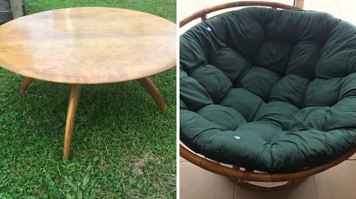Round wooden table and cushioned papasan chair found by lucky thrift store shoppers hitting the jackpot