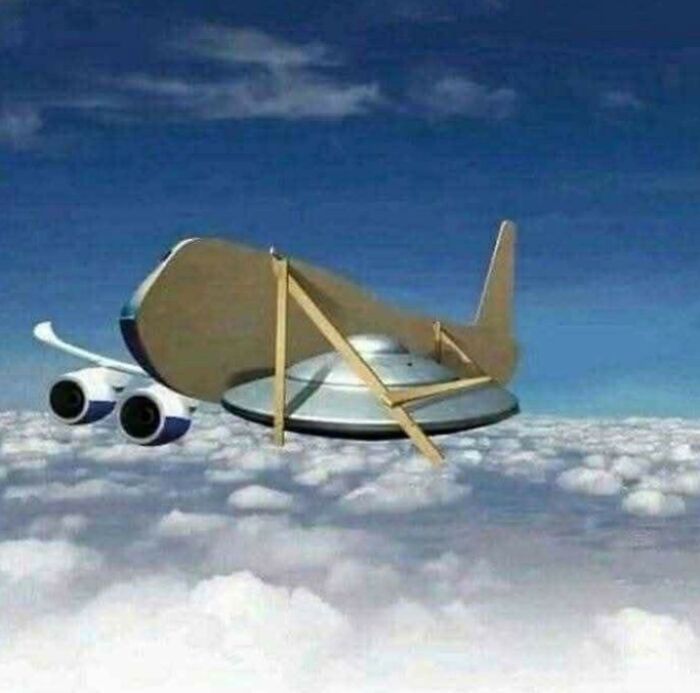 Surreal image of a UFO combined with an airplane wing and flight engines flying above clouds from the weird side of the internet.