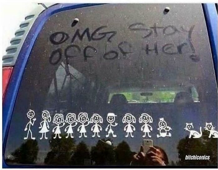 Car rear window with humorous family stick figure stickers and graffiti text, a wild example from People of Walmart pics. Car rear window with humorous family stick figure stickers and graffiti text, a wild example from People of Walmart pics.