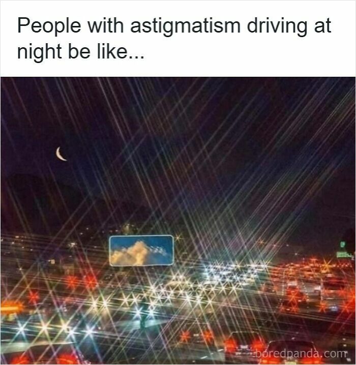 Nighttime traffic with bright light flares illustrating driving memes about vision issues and road rage frustration. Nighttime traffic with bright light flares illustrating driving memes about vision issues and road rage frustration.