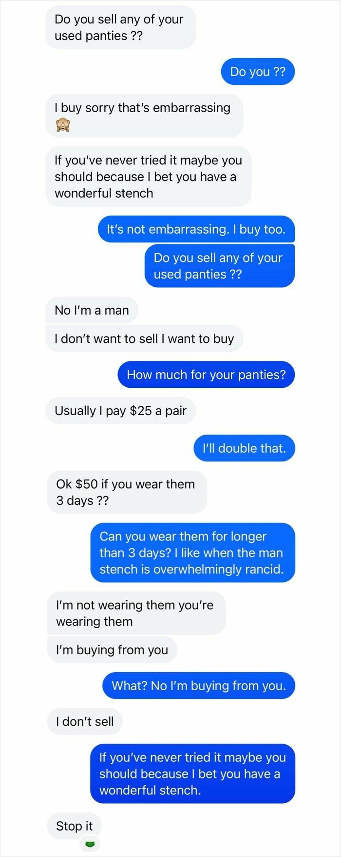 Text message exchange showing a woman serving a brutal comeback to a creepy man about buying used panties.